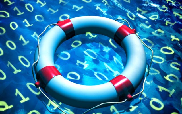 Digital image of a white and red circular life preserver tube on a watery surface that includes data in binary code.