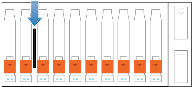 The location of the black product serial number tag, between drive slots 16 and 17. The tag is black.