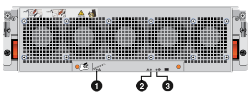 The front of an 80-drive DAE. There is a number one near the system status card fault LED, a number two near the system status card power LED, and a number three near the system fault LED.