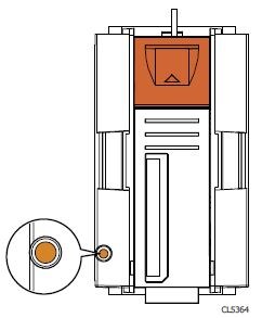 An illustration of a fan. At the bottom left of the fan, there is an orange LED that is enlarged for detail. This is the fault LED.