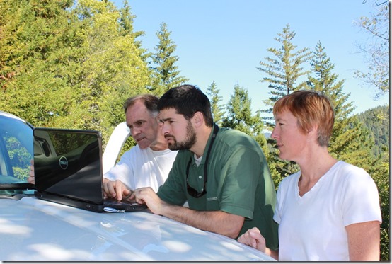 Forester Scott Kelly, carbon analyst Jordan Golinkoff and the north coast program coordinator, Holly Newberger during a Conservation Fund “staff meeting” at the Gualala Forest in Mendocino County, California. Dell technology helps the nonprofit Conservation Fund conserve and then restore the most sensitive areas of the forest, including rivers that and streams important to salmon.