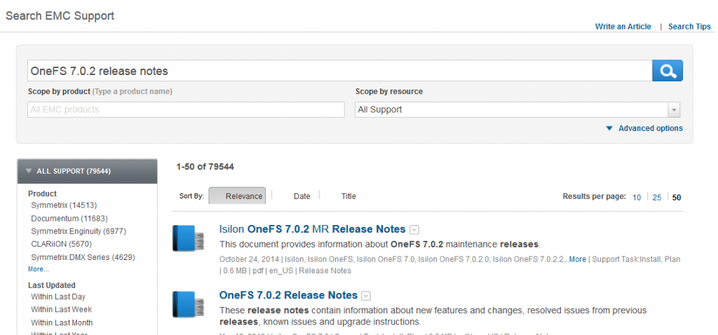 Searching for OneFS 7.0.2 release notes on the EMC Online Support site.