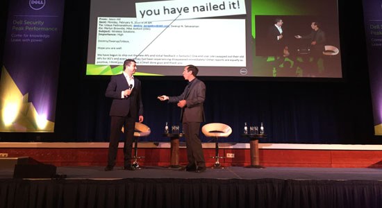 Jason Hill ExertisVAD Solutions and Patrick Sweeney of Dell Security on stage at Peak Performance EMEA 2015