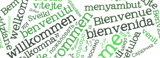 The word welcome spelled out in multiple languages arranged like a word cloud