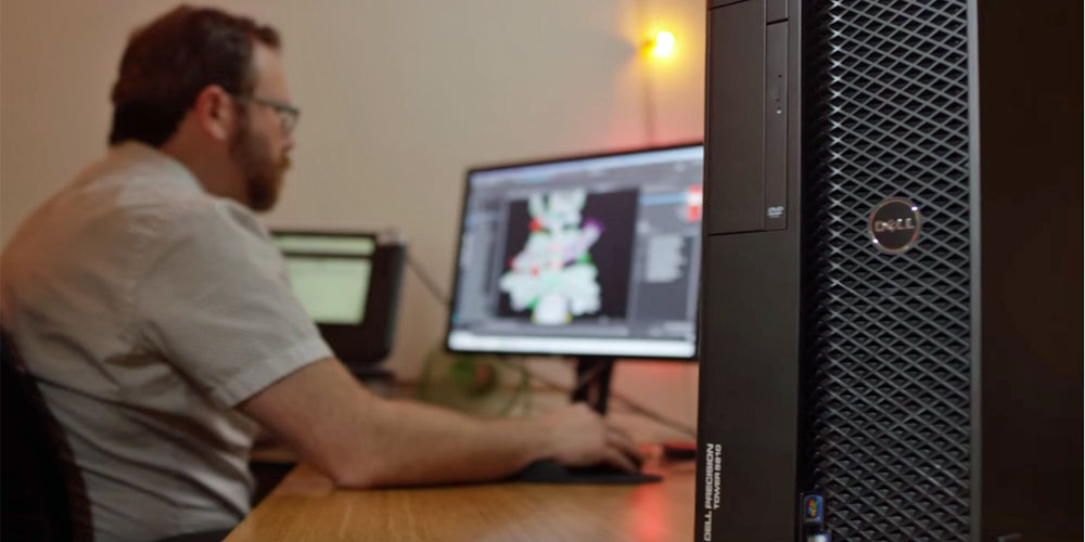  A Nickelodeon employee works on the Albert movie using Dell Precision workstation and Dell monitors