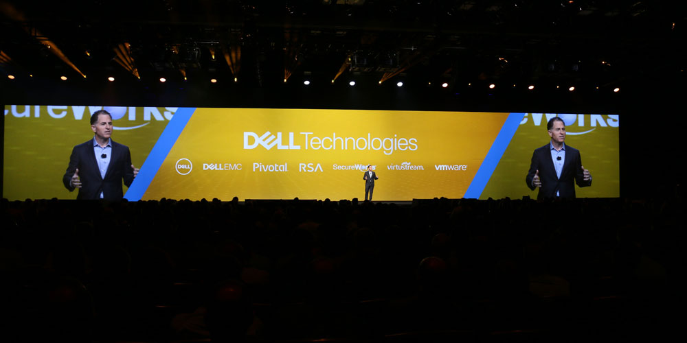 Michael Dell on stage announcing Dell Technologies family of brands