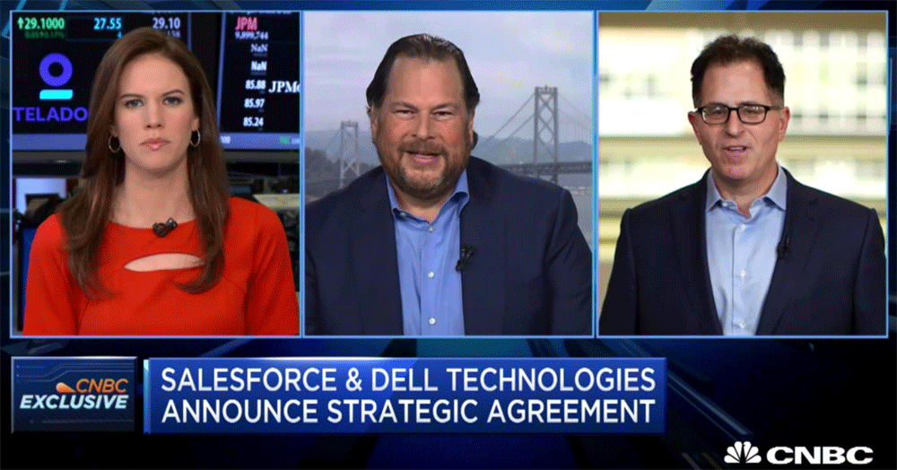 screenshot of Michael Dell and Mark Benioff on CNBC in May 2017