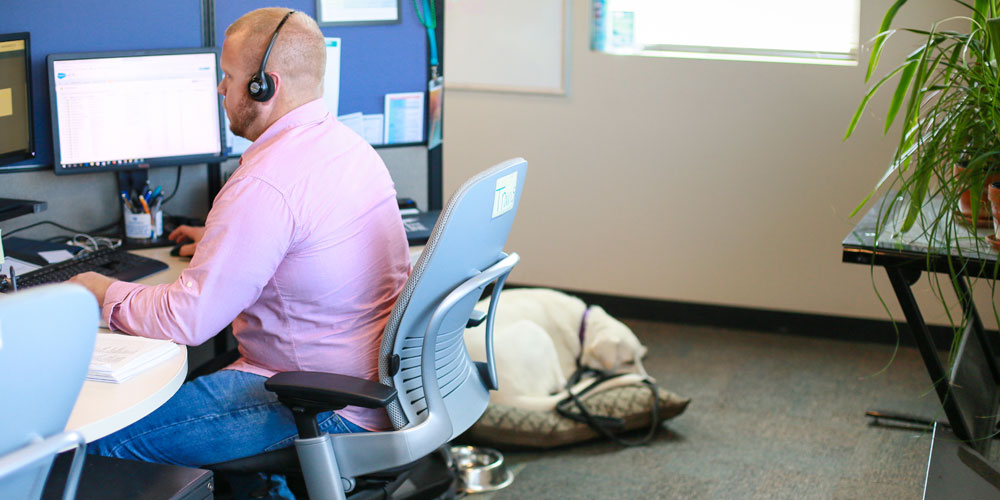 Dell employee and his service dog at the office