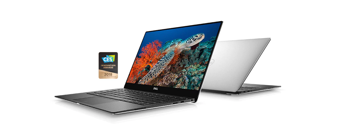 Two Dell XPS 13 laptops with the CES 2018 Innovation Award logo