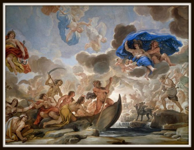 Stürmische «Transformation» auf der Barke des Charon (Luca Giordano, Fresko Galerie Palazzo Medici Riccardi, Florenz) (wikipedia, Commons)