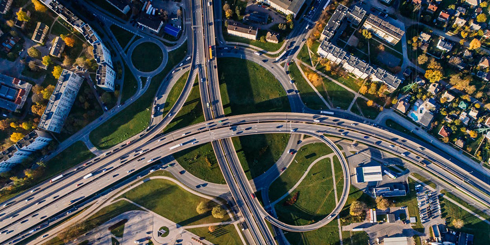 overhead view of a highway intersection