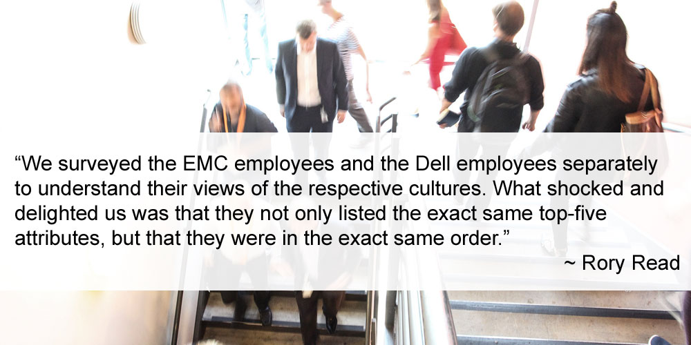 Pull quote: We surveyed the EMC employees and the Dell employees separately to understand their views of the respective cultures. What shocked and delighted us was that they not only listed the exact same top-five attributes, but that they were in the exact same order.