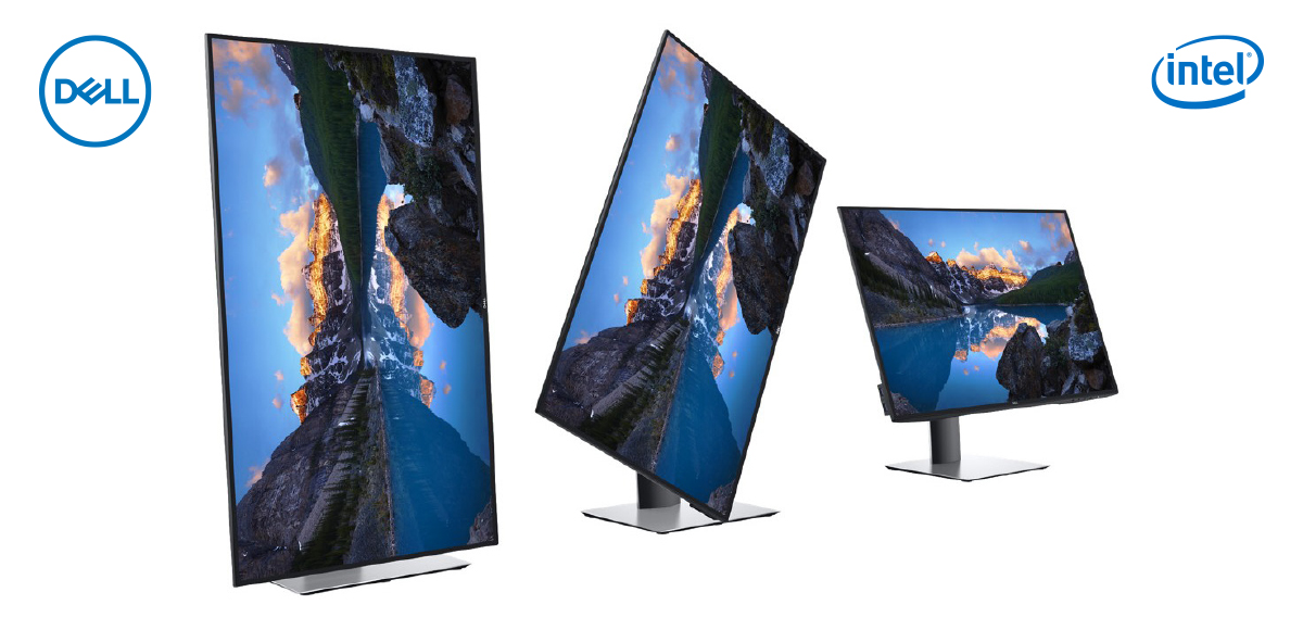 Bilde av UltraSharp U2719D-skjerm i tre ulike innstillinger; diagonalt, skrått og rett.