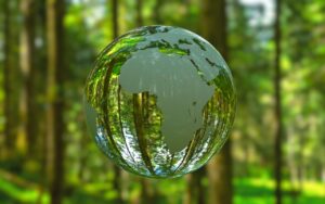 Earth globe in clear crystal with forest in background. Africa is facing camera and trees can be seen through crystal globe.