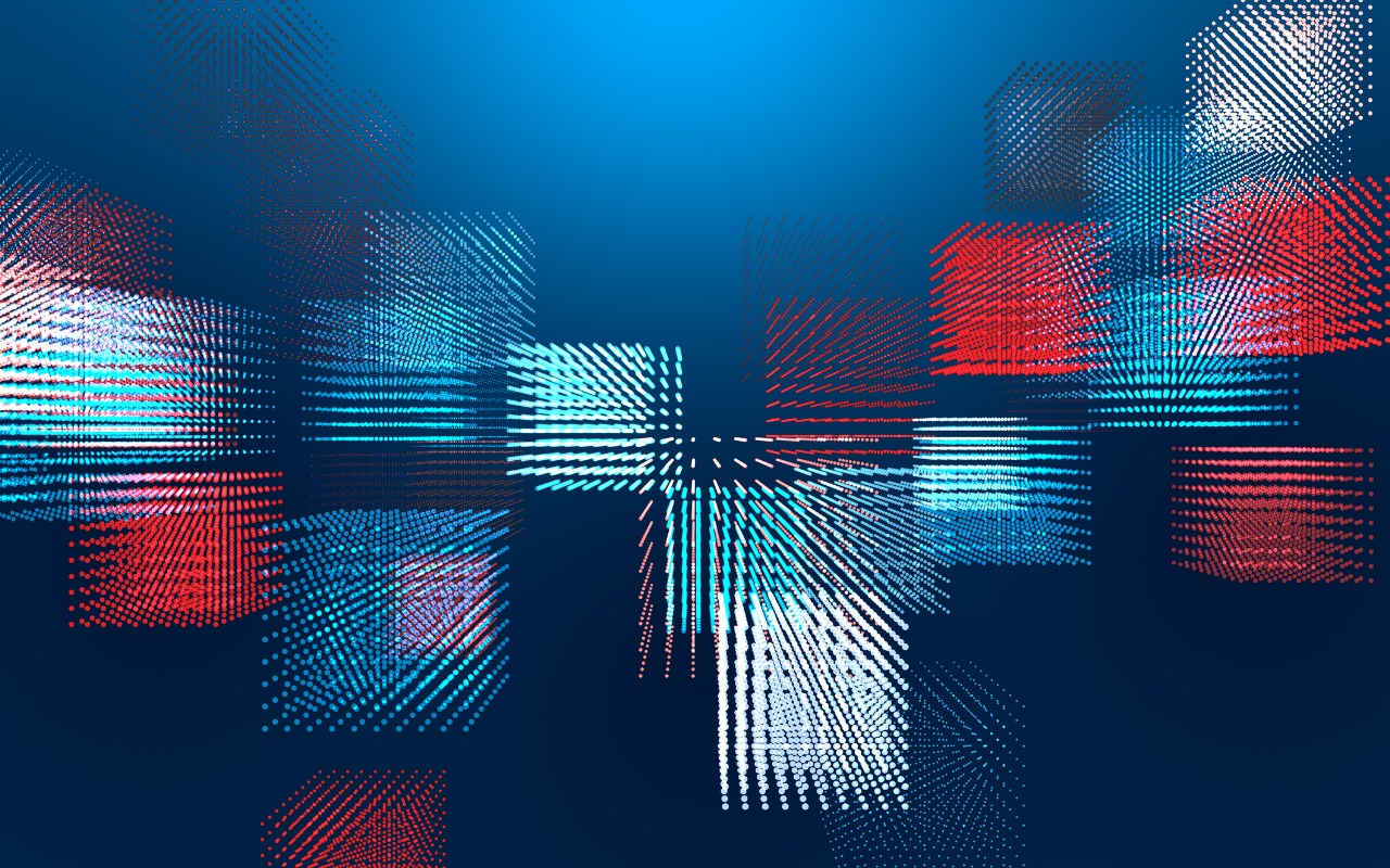 Abstract technology blue background with square images in red, white and lighter blue in the foreground.