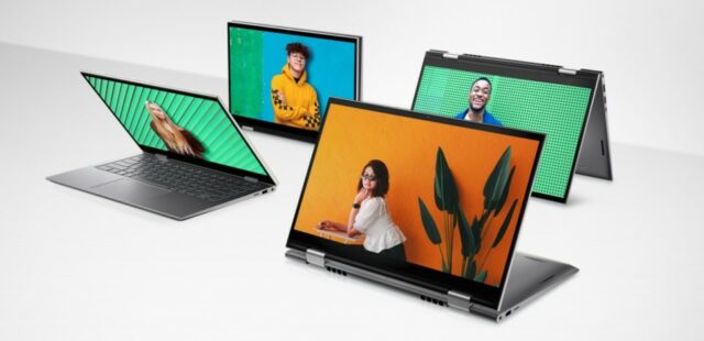 Four different new Inspiron models with images of a person on each one.
