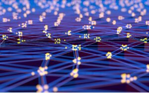 Digital network abstract concept in darker blues and purple with lighter colored nodes.