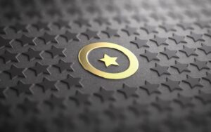 Gold star within a gold circle that stands out against a dark background with smaller star shapes.