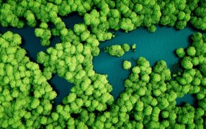 3D illustration of world's continents as lakes in a rain forest.