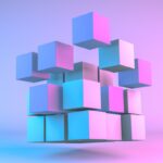 Cube building blocks coming together, in neon pink and pastel colors.