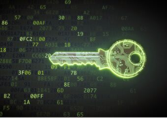 Digital key in green against dark binary code background.