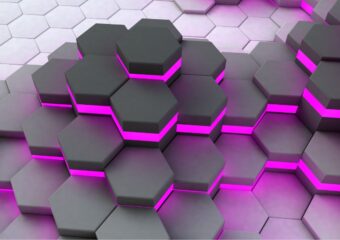 3D rendering of hexagonal cells in charcoal gray and pink boundary colors.