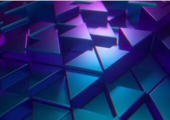 Digital rendering of metallic, glossy triangles pattern, in teal and purple colors.