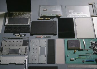 Various computer components laid out on a table.