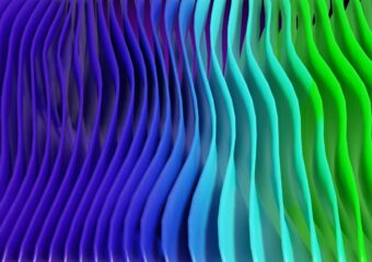 3D rendeing of purple, teal, and green abstract waves, in a vertical orientation.