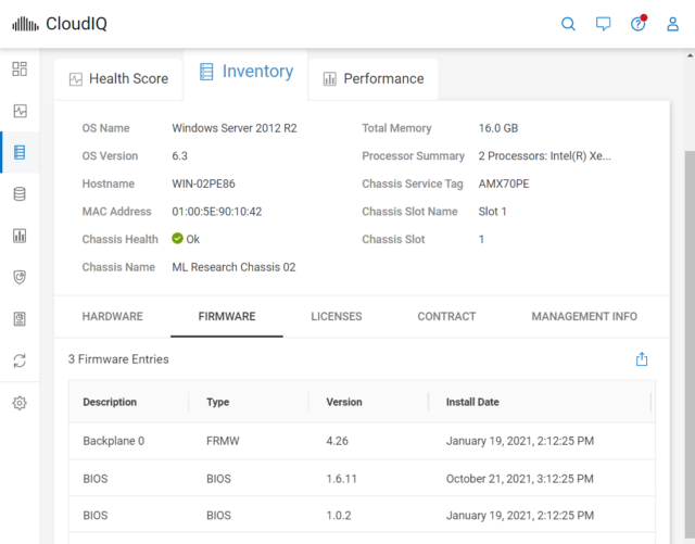 CloudIQ Single Server Inventory View screen image.