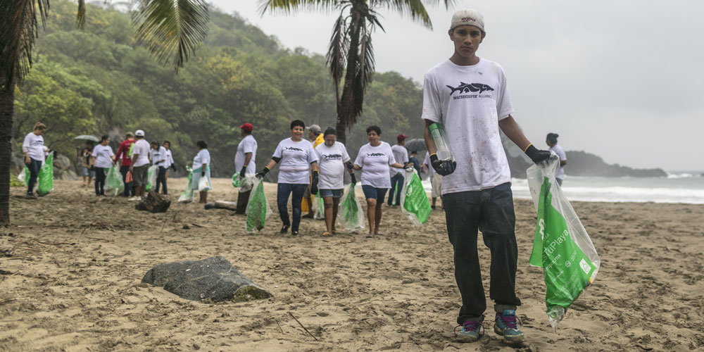 volunteers walking on a beach picking up trash