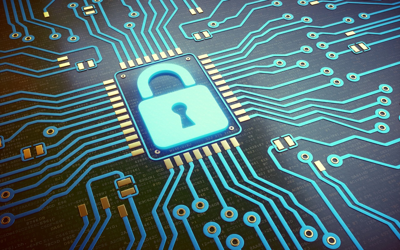 Blue padlock on circuit board graphic, representing cybersecurity.