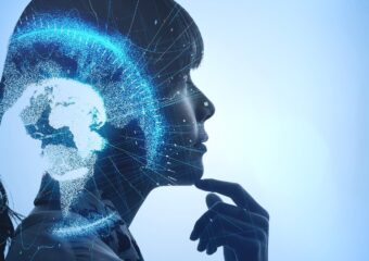 Woman in thinking pose with digitized globe superimposed over image.