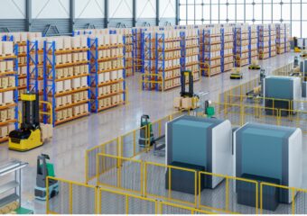 Autonomous operations robots sorting pacels in warehouse setting.