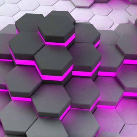 3D rendering of hexagonal cells in charcoal gray and pink boundary colors.