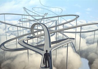 Digital illustration of businessperson determining the best path forward.