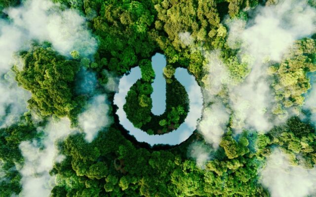 Power symbol in the form of a pond of water in the middle of a jungle.