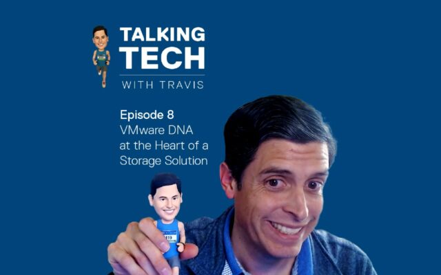 Talking Tech with Travis Episode 8 Graphic - with Travis holding the runner bobblehead.