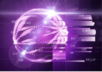 Digital illustration in purple of a sphere made of big data.