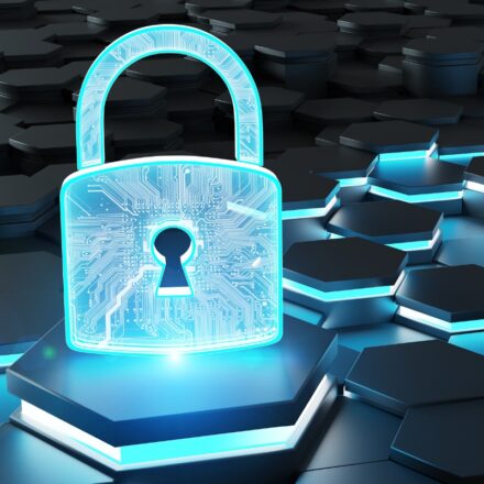 3D rendering of digital padlock in blue on hexagonal blocks in a dark background, signifying data security.