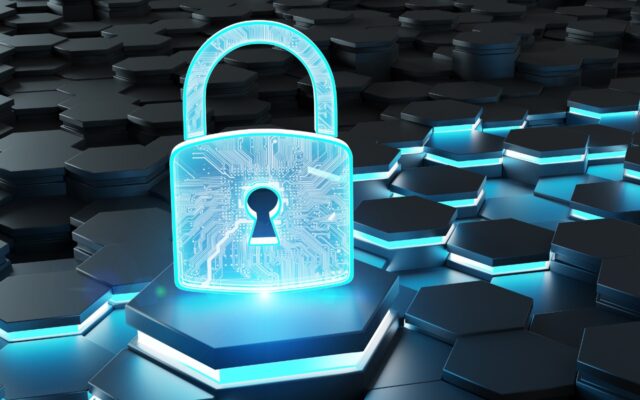 3D rendering of digital padlock in blue on hexagonal blocks in a dark background, signifying data security.