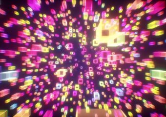 Digital abstract technology image of glowing cubes in pink, lavender, yellow in kinetic motion.