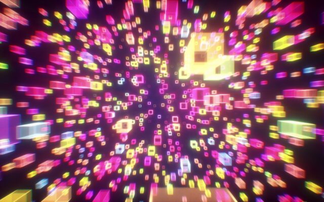 Digital abstract technology image of glowing cubes in pink, lavender, yellow in kinetic motion.