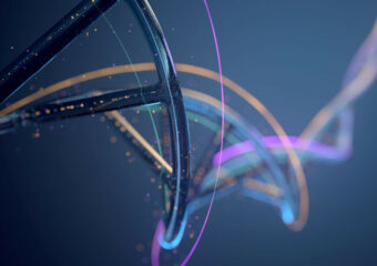Digital illustration of a close-up section of a DNA strand, against a royal blue background.