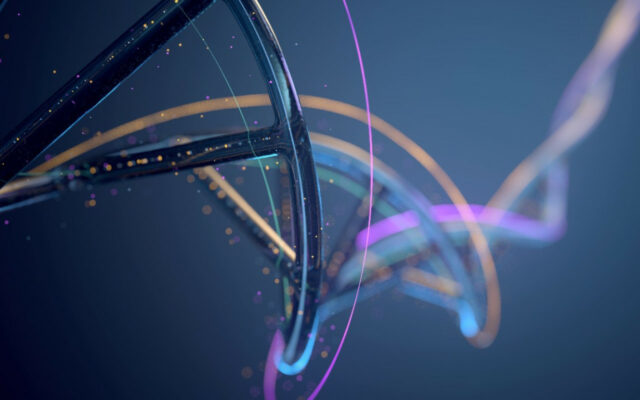 Digital illustration of a close-up section of a DNA strand, against a royal blue background.