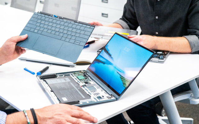 Dell Concept Luna system open for keyboard replacement.