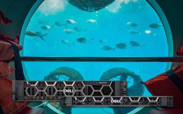 Dell PowerEdge server appears in the foreground with the underwater from from a submersible is in the background.