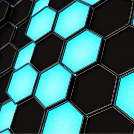 Digitally generated image of neon blue and black hexagonal pattern.