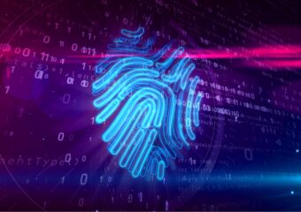 Digital image of a digital fingerprint in blue against a purple and pink shaded background, representing digital security protocols.