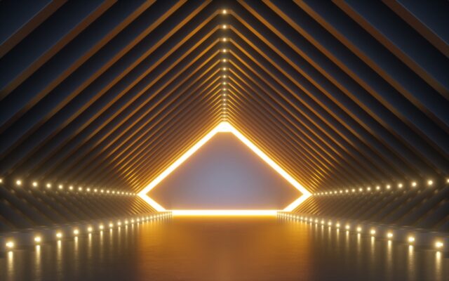 3D digital image of a futuristic corridor in a triangular shape, lit in yellow neon.